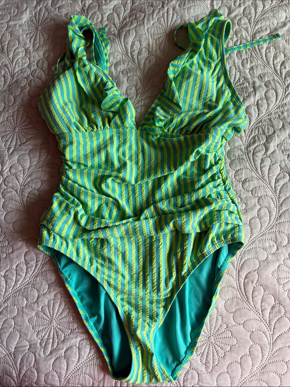 Ellen Tracy Green and Yellow Striped One-Piece Swimsuit